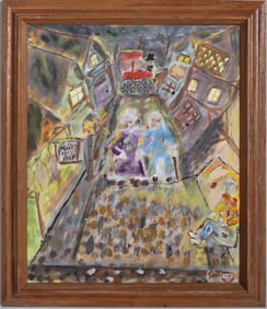 Vintage American Modernist Folk Art "Meat Pies Shop" Framed Outsider Oil Painting