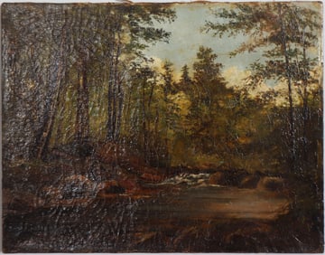Antique American Hudson River School Forest Interior 19th Century Landscape Oil Painting