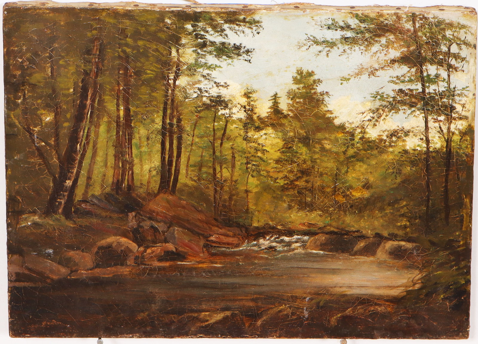 Antique American Hudson River School Forest Interior 19th Century Landscape Oil Painting: Antique American landscape oil painting. Oil on canvas. Measuring: 12 by 16 inches. Please see all images for condition. Size is measured and written on the back of the painting or next to each object