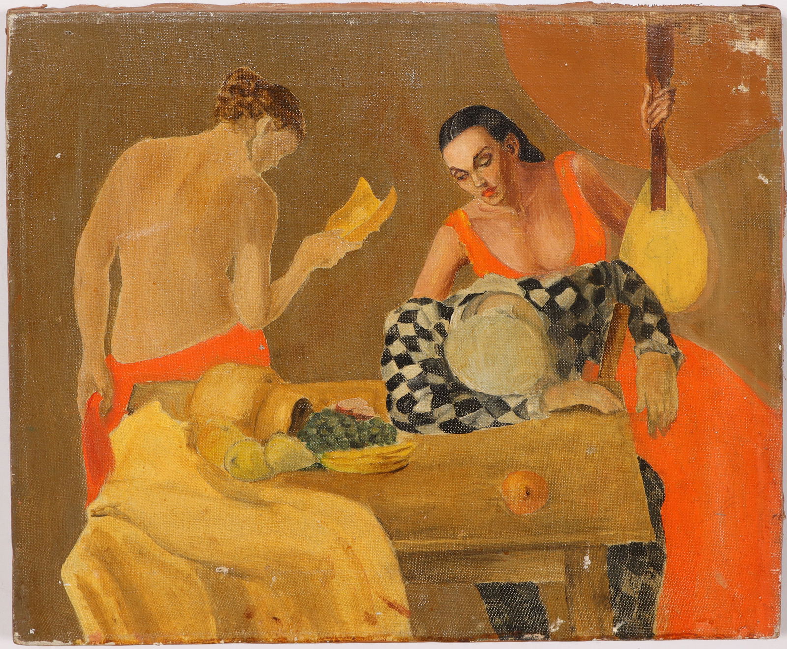 Vintage American Modernist Interior Scene Kitchen Still Life Oil Painting: Vintage American interior scene oil painting. Oil on canvas. Measuring: 14 by 16 inches. Please see all images for condition. Size is measured and written on the back of the painting or next to each o