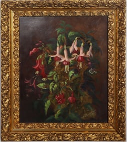 Vintage American Impressionist Signed Fuchsia Flower Still Life Giltwood Framed  Oil Painting