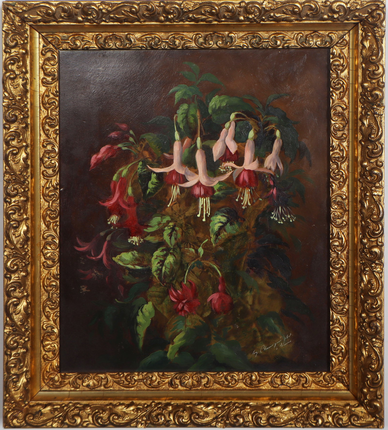 Vintage American Impressionist Signed Fuchsia Flower Still Life Giltwood Framed Oil Painting: Vintage American still life oil painting. Oil on board. Signed. Framed. Measuring: 14.5 by 18 inches overall, and 11 by 14 painting alone. Please see all images for condition. Size is measured and wri