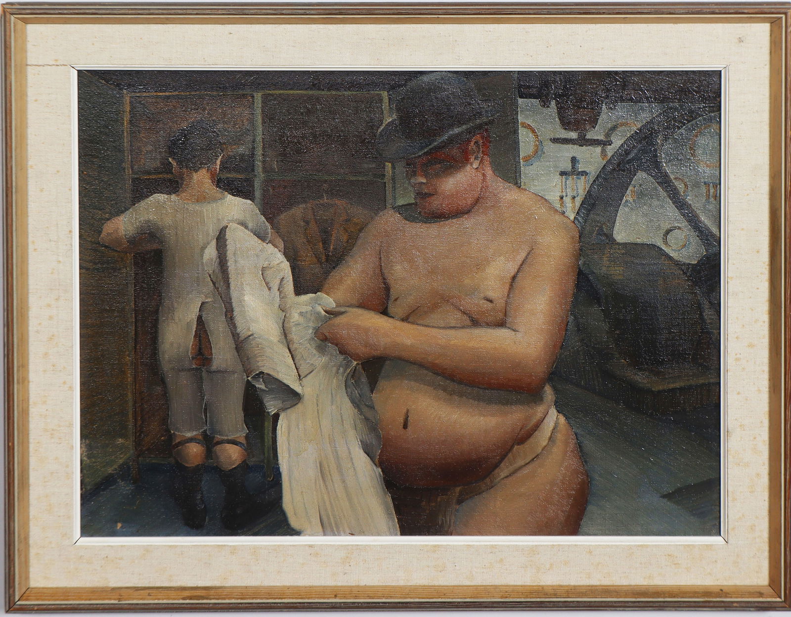 Vintage English Modernist Surreal Male Nude Portrait Interior Scene Framed Oil Painting: Vintage American or English school oil painting. Measuring: 23 by 29 inches overall, and 18 by 24 painting alone. Please see all images for condition. Size is measured and written on the back of the p