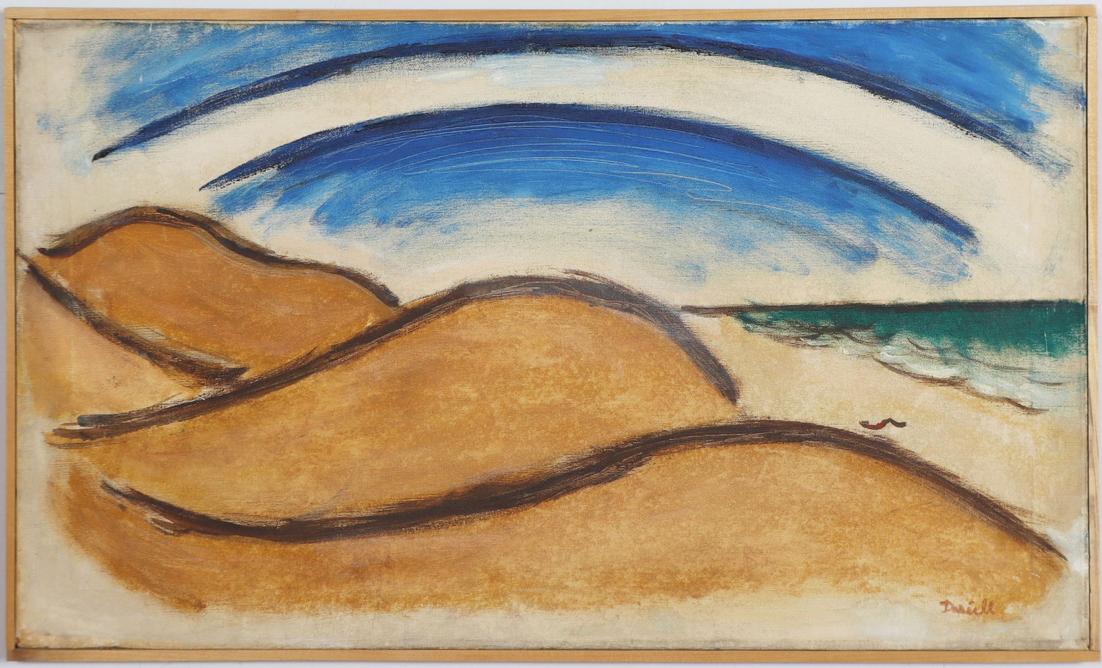 Vintage Early American Modernist Beach Scene Signed Framed Oil Painting (1 of 6)