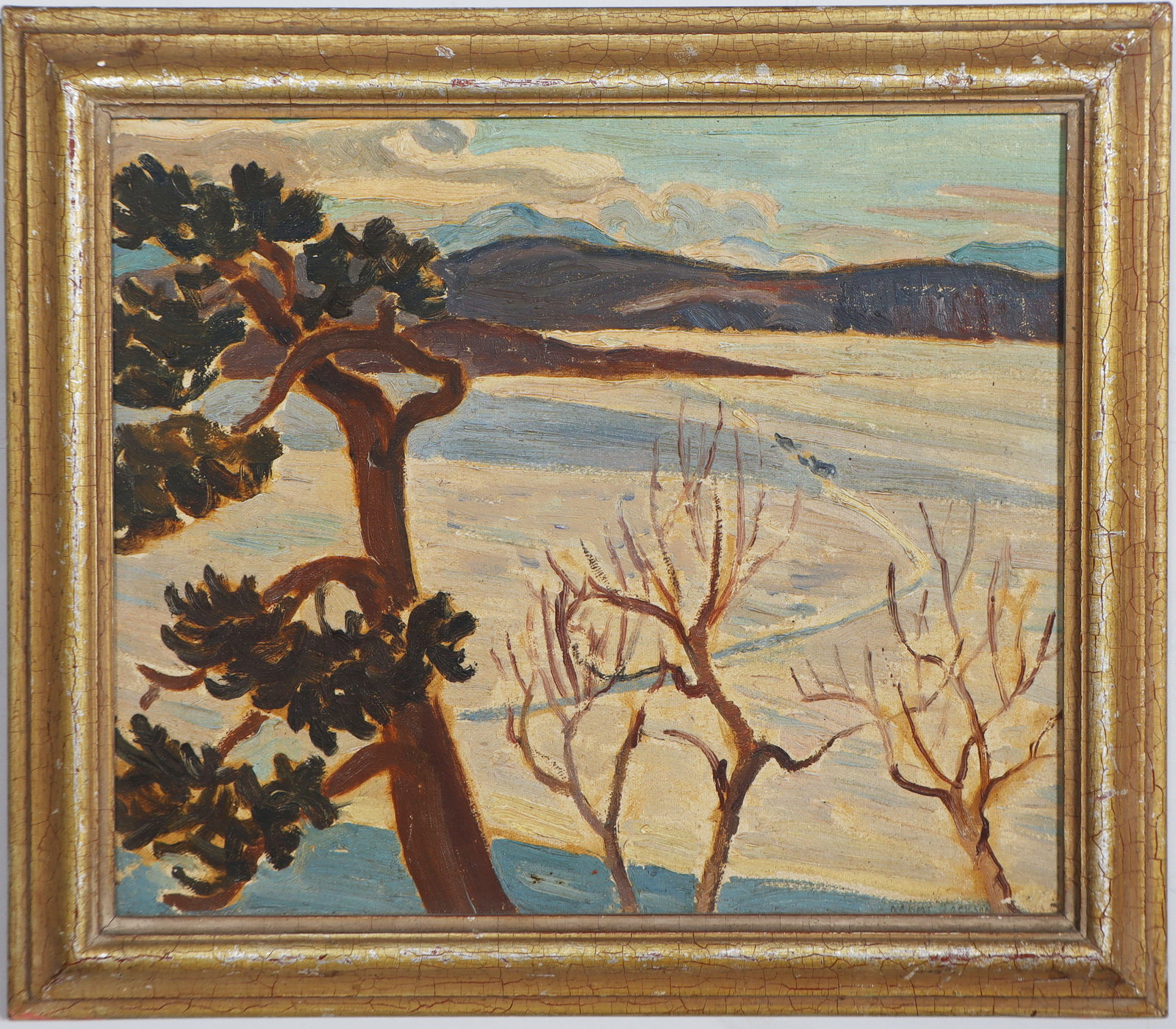 Vintage American or Canadian Winter Modernist Snow Landscape Framed Newman Gal Prov Oil Painting: Vintage American or Canadian winter modernist landscape oil painting. Framed. Oil on board. Signed lower right. Measuring: 14 by 16 inches overall, and 11 by 13 painting alone. Please see all images f