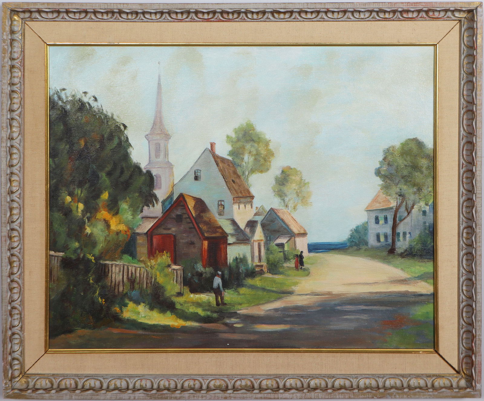 Vintage American Impressionist New England Street Scene Framed Oil Painting: Vintage American impressionist street scene oil painting. Oil on canvas. Framed. Measuring: 28 by 34 inches overall, and 22 by 28 painting alone. Please see all images for condition. Size is measured