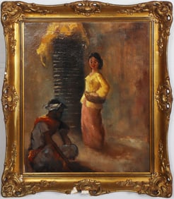 Vintage Balinese Impressionist Interior Scene Portrait Signed Asian Framed Oil Painting