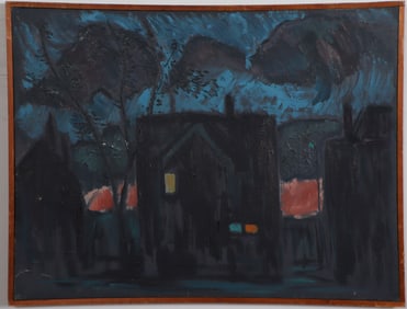 Vintage American Modernist Abstract Nocturnal Fauvist Landscape Framed Oil Painting