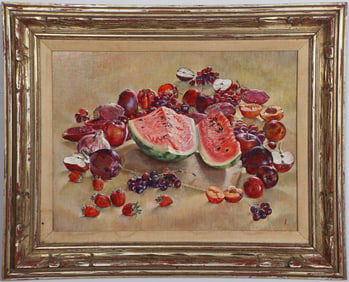 Vintage American Modernist Nicely Framed Fruit Still Life Monogrammed Oil Painting