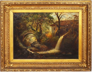Antique 19th Century Mill River Framed Landscape Oil Painting