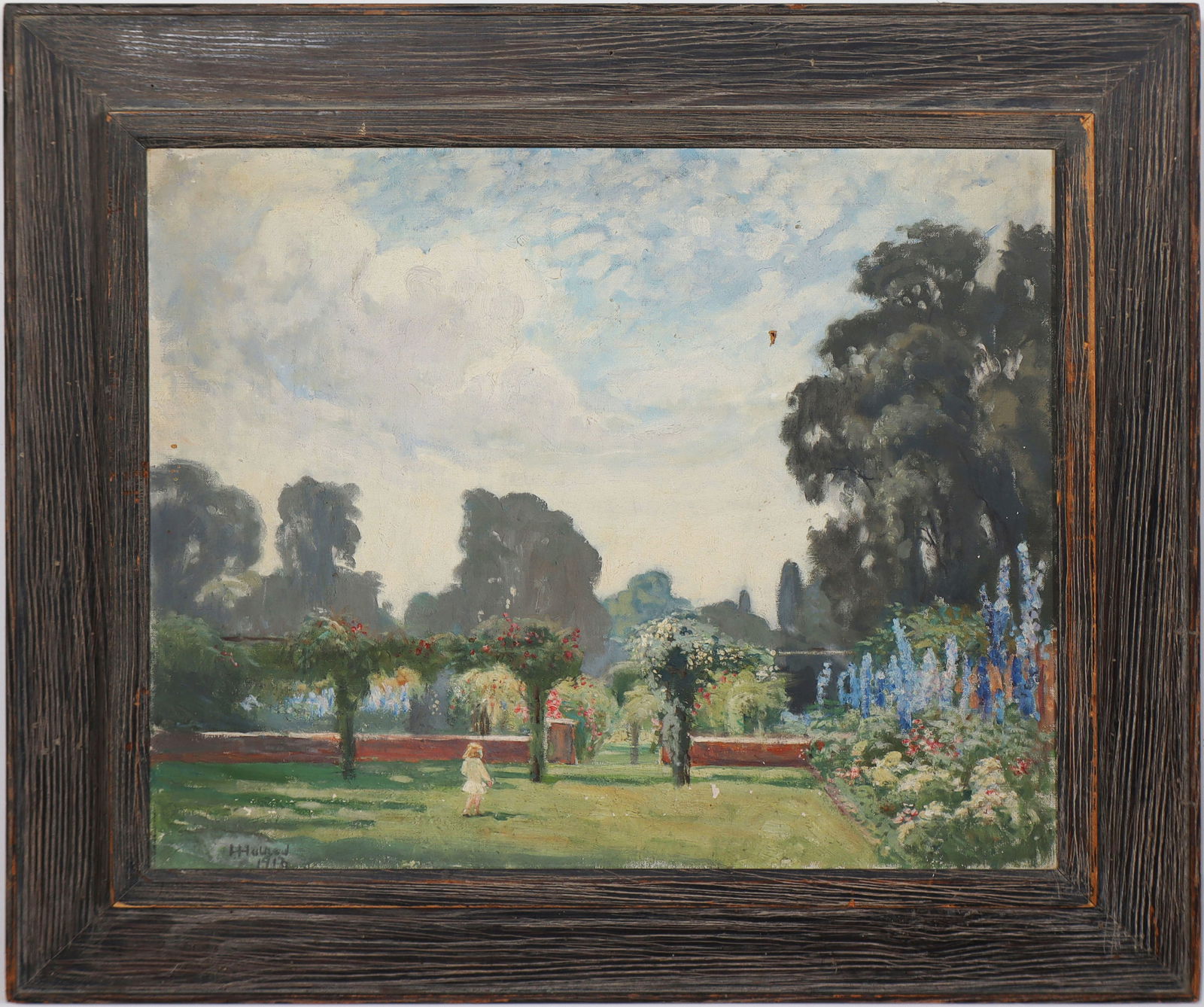 Antique American Impressionist Signed 1918 Flower Garden Landscape Framed Large Oil Painting: Antique American impressionist landscape oil painting. Oil on canvas. Framed. Signed. Measuring: 28 by 32 inches overall, and 20 by 24 painting alone. Please see all images for condition. Size is meas