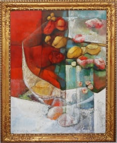 Vintage American Modernist Abstract Fruit Still Life Florida Artist Framed Large Oil Painting
