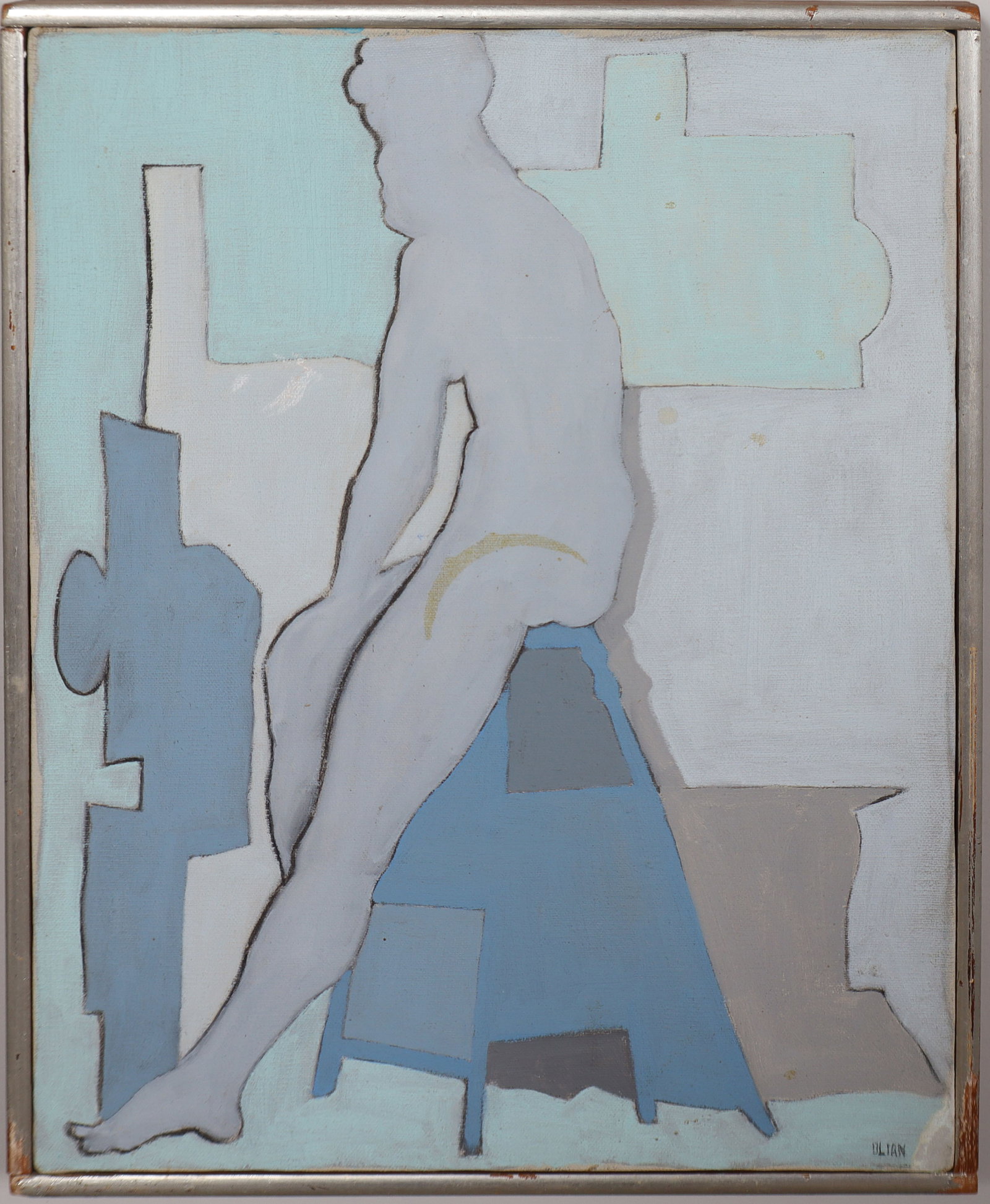 Vintage American Modernist Signed Interior Scene Framed Original Abstract Male Nude Oil Painting: Vintage American nude oil painting. Measuring: 12.5 by 16.5 inches overall, and 12 by 16 painting alone. Please see all images for condition. Size is measured and written on the back of the painting o