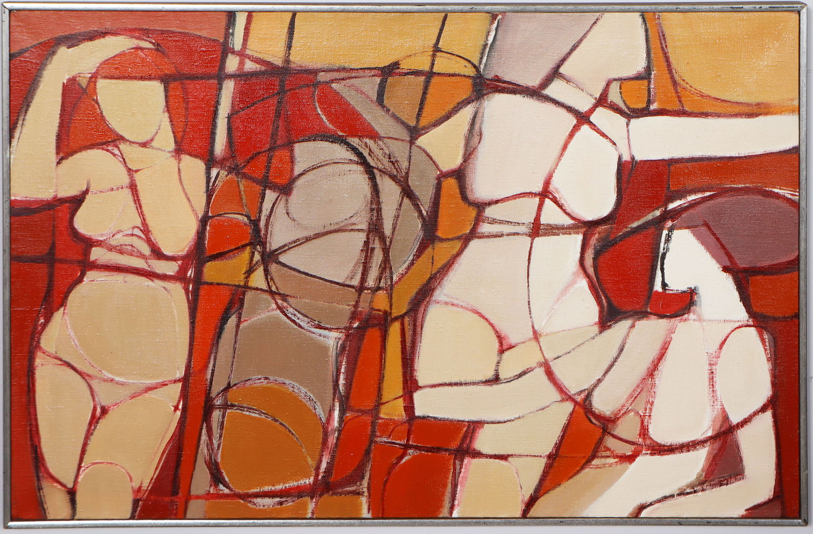 Anita Johnson (1931-2025) Vintage American Modernist Abstract Nude Women Framed Oil Painting: Vintage American modernist oil painting by Anita Johnson (1931-2025). Oil on canvas. Framed. Label verso. Appears to be unsigned. Measuring: 25 by 37 inches overall, and 24 by 36 painting alone. Pleas