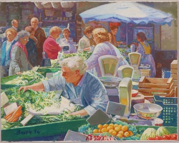 Vintage American Impressionist Farmers Market Signed Street Scene Original Oil Painting
