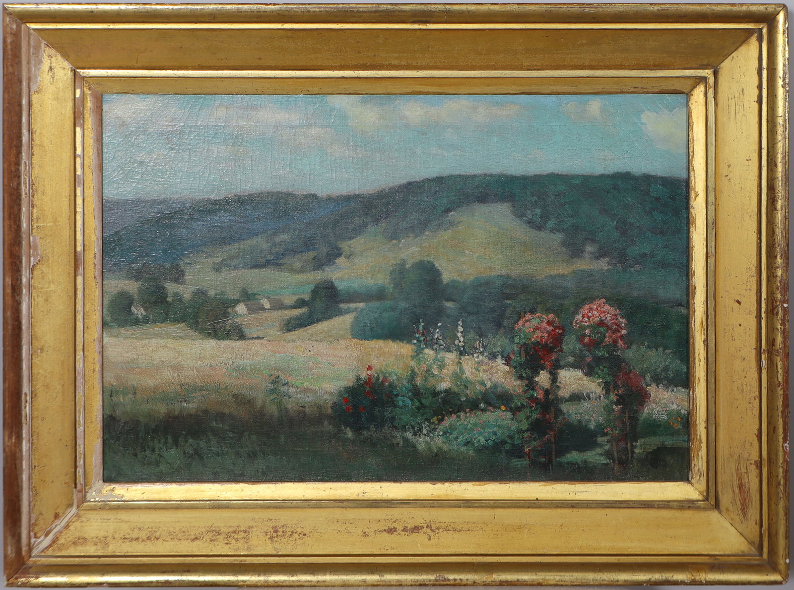 Important Early American Antique Impressionist Framed Wild Flower Large Landscape Oil Painting: Vintage American impressionist landscape oil painting. Oil on canvas. Framed. Measuring: 38.5 by 29 inches overall, and 30 by 20 painting alone. Please see all images for condition. Size is measured a