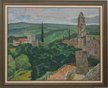 Vintage American Impressionist in Europe Signed Walled City Landscape Framed Tuscan Oil Painting