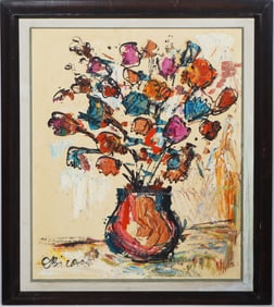 Jovan Obican (1918-1986) Vintage French Croatian Modernist Flower Still Life Signed Oil Painting