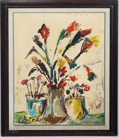 Jovan Obican (1918-1986) Vintage French Croatian Modernist Flower Still Life Signed Oil Painting