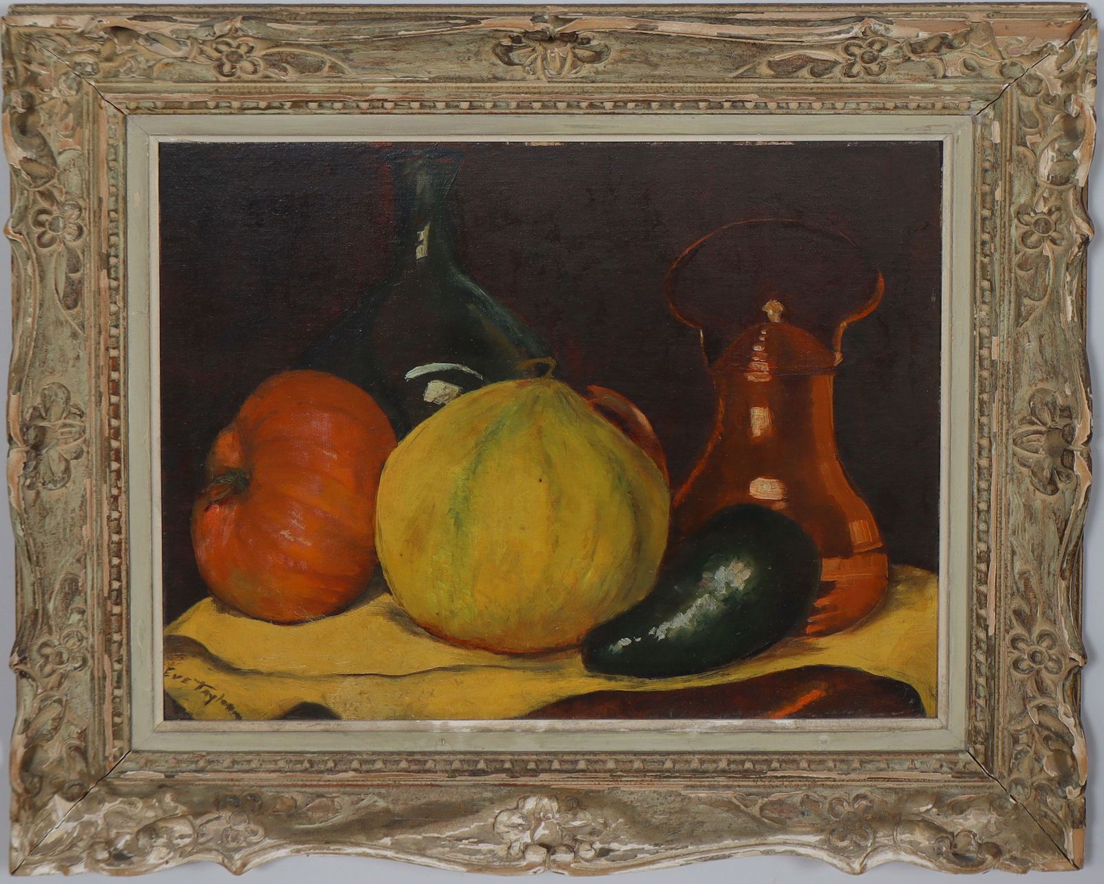 Vintage American Impressionist Fall Harvest Pumpkin Still Life Signed Framed Oil Painting: Vintage American oil painting. Measuring: 27 by 23 inches overall, and 19.5 by 16 painting alone. Please see all images for condition. Size is measured and written on the back of the painting or next