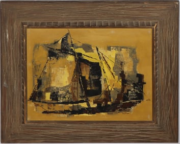 Vintage American Modernist Large Nicely Framed Abstract Cubist Seascape Signed Oil Painting