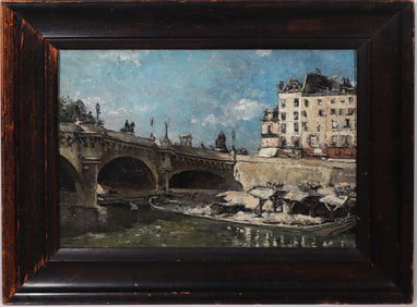Antique Paris Cityscape Framed 19th Century French Impressionist River Seine Oil Painting