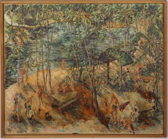 Incredible Vintage American School Summer Camp Site Bustling River Scene Framed Oil Painting