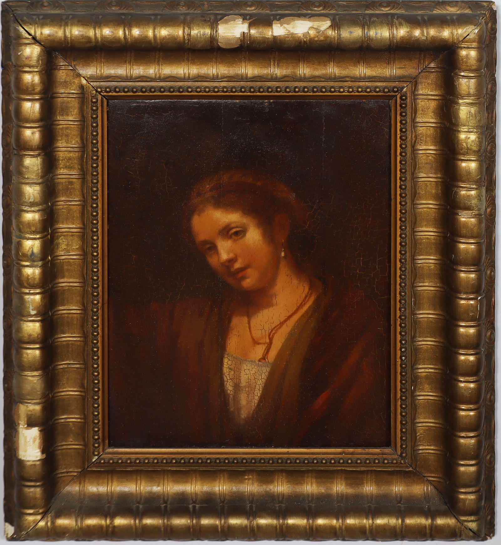 Antique Old Master Style Framed Woman Portrait Finely Executed Original Oil Painting: Antique European portrait oil painting. Framed. Oil on panel. Measuring: 18 by 22 inches overall, and 11 by 14 painting alone. Please see all images for condition. Size is measured and written on the