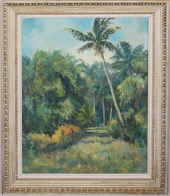 Vintage American Impressionist Tropical Palm Tree Florida Landscape Framed Large Oil Painting