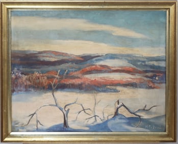 Vintage American Impressionist Winter River Landscape Framed Signed Oil Painting