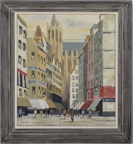 ATTR Andre Renault Vintage French Modernist Large Framed Paris Street Scene Oil Painting