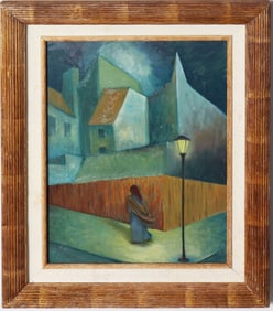 Vintage American School Cubist Cityscape Street Scene Framed Original Luminous Oil Painting