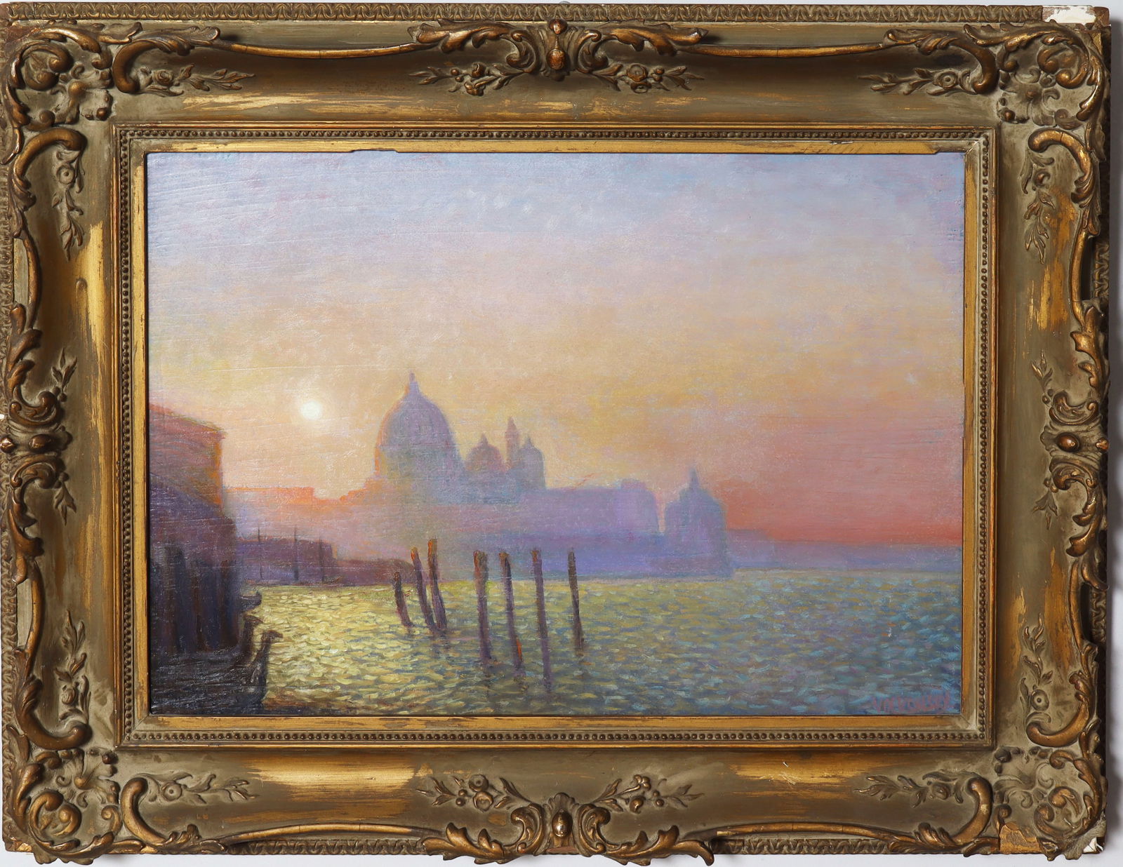Vintage European Impressionist Venice Sunset Cityscape Framed Original Luminous Oil Painting: Vintage Italian oil painting. Measuring: 23 by 18 inches overall, and 17 by 12 painting alone. Please see all images for condition. Size is measured and written on the back of the painting or next to