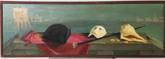 Large Surreal Venetian Modernist Vintage Italian Still Life and Cityscape Framed Oil Painting