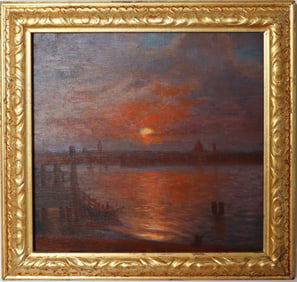 Vintage European Impressionist Venice Sunset Cityscape Framed Original Luminous Oil Painting