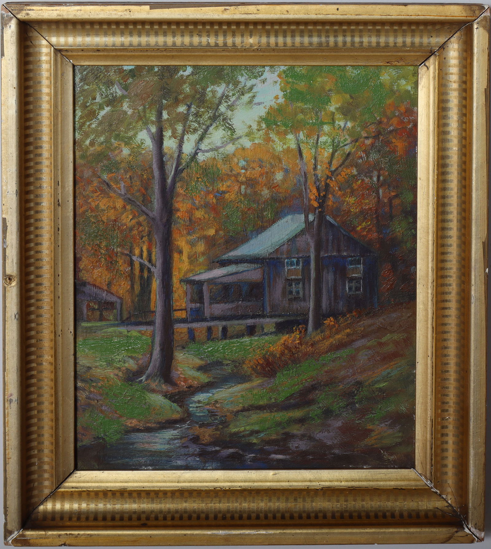 "Maplewood Park, Indian Trail" Vintage American Impressionist Landscape Framed Oil Painting: Vintage American impressionist landscape oil painting. Oil on board. Measuring: 10.5 by 12 inches overall, and 8 by 10 painting alone. Please see all images for condition. Size is measured and written