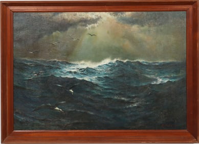 Large Vintage American Impressionist Seascape Crashing Surf Framed Signed Original Oil Painting