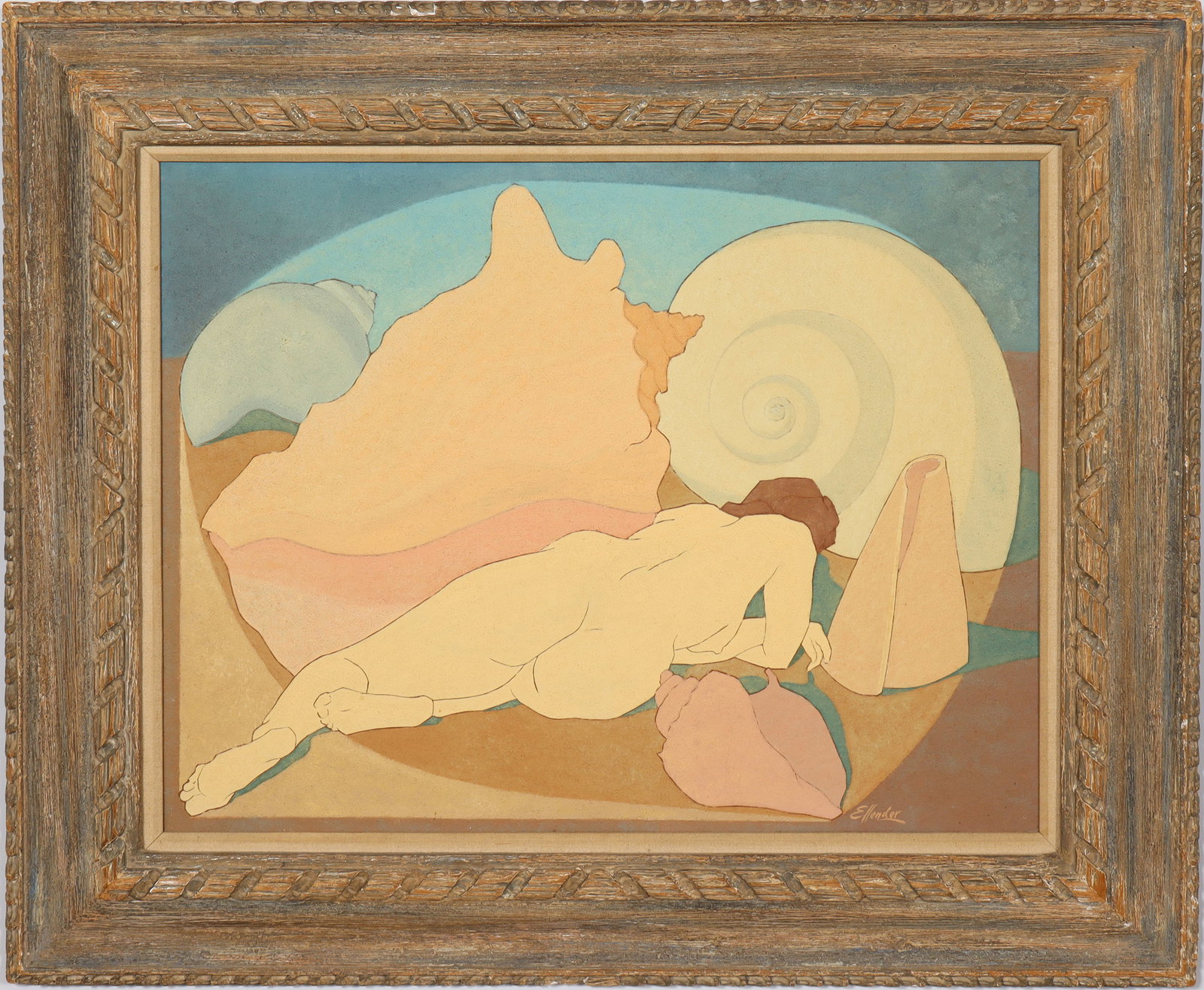 Signed Vintage American Modernist Nude Surreal Portrait Conch Shell Heydenryk Frame Oil Painting: Vintage American modernist nude portrait oil painting. Oil on board. Framed. Measuring: 33.25 by 40.375 inches overall, and 23 by 24 painting alone. Please see all images for condition. Size is measur