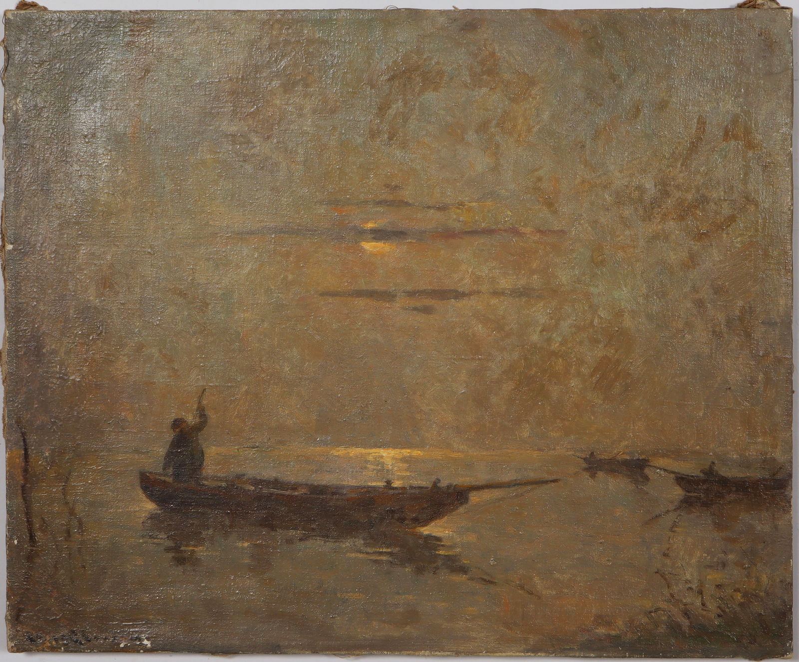 Antique American Impressionist Nocturnal Seascape Signed Southern School Superb Oil Painting: Antique American impressionist lake scene oil painting. Oil on canvas. Signed. Measuring: 23 by 19 inches overall. Please see all images for condition. Size is measured and written on the back of the