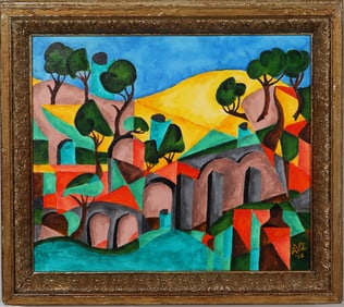 Vintage European Monogrammed Modernist Abstract Landscape Framed Original Oil Painting