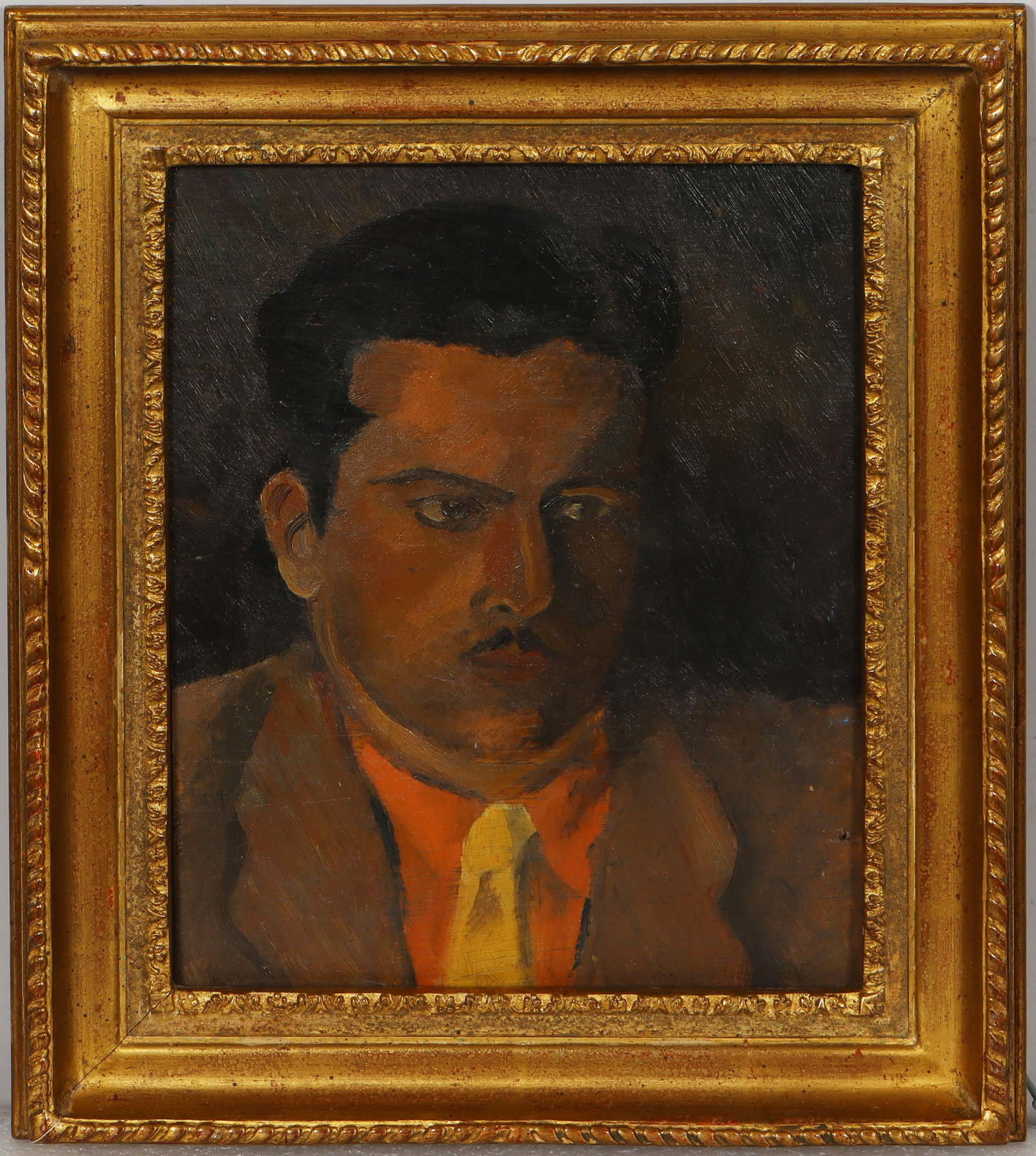 Vintage American Modernist Male Portrait Giltwood Framed Ashcan School Social Realist Oil Painting: Vintage American modernist portrait oil painting. Measuring: 16 by 14 inches overall, and 13 by 10 painting alone. Please see all images for condition. Size is measured and written on the back of