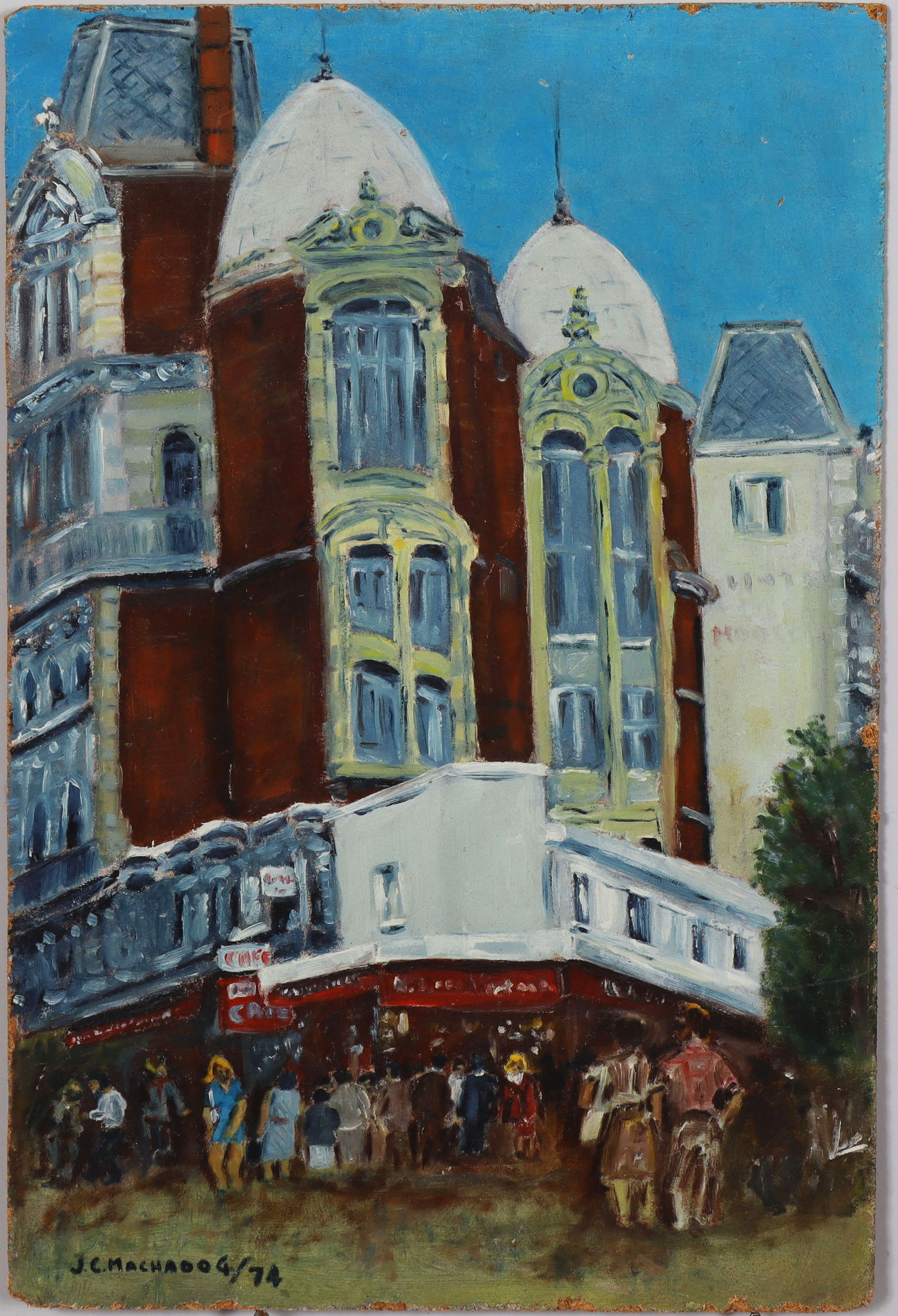 Vintage French Impressionist Paris Street Scene Signed Cafe View Oil Painting: Vintage French street scene oil painting. Oil on board. Measuring: 18 by 26.5 inches overall. Please see all images for condition. Size is measured and written on the back of the painting or next to
