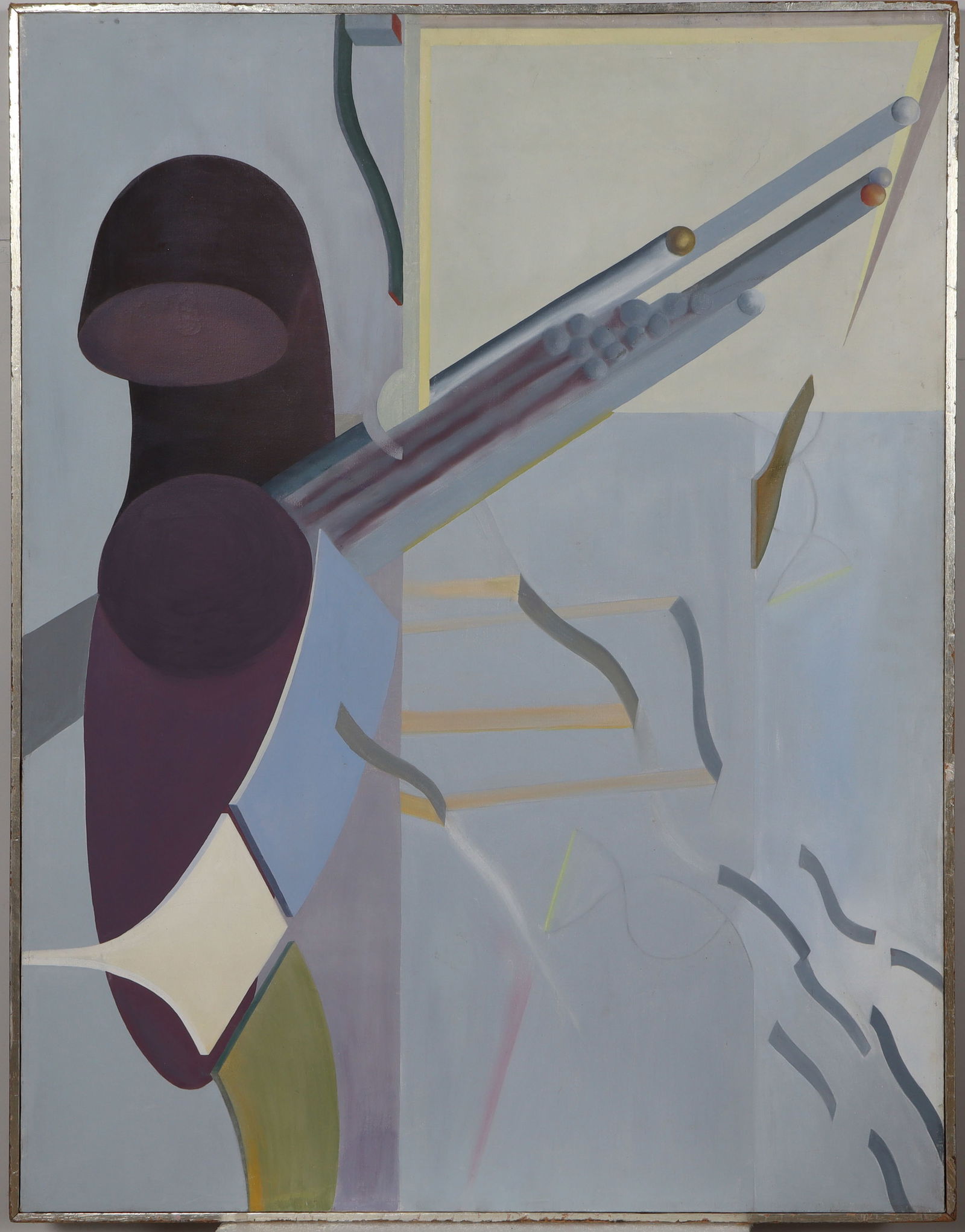 Large Vintage American Modernist Abstract Framed Mid Century Modern Oil Painting: Vintage American modernist abstract oil painting. Measuring: 35 by 46 inches overall. Please see all images for condition. Size is measured and written on the back of the painting or next to each