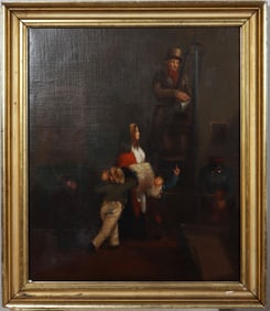 Antique Early American School Genre Scene 18th/19th Century Figural Framed Oil Painting
