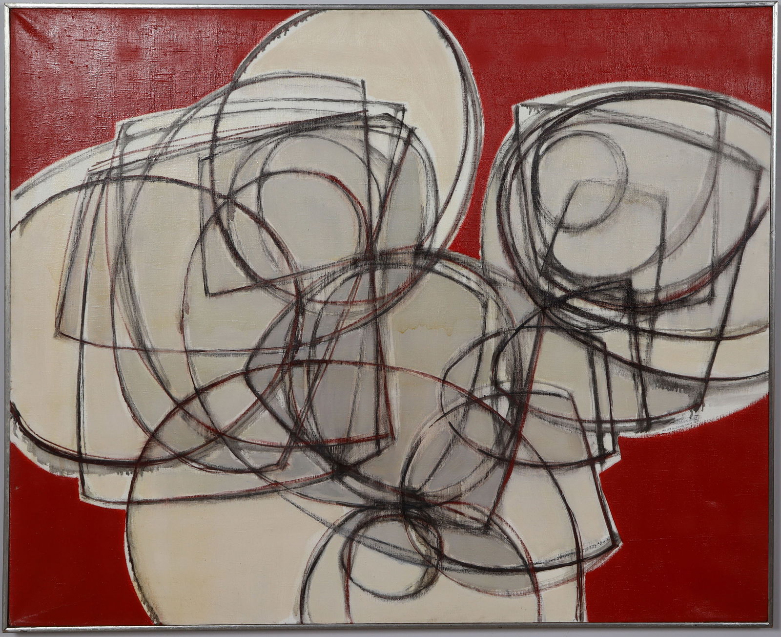 Anita Johnson (1931-2025) Vintage American Modernist Abstract Cubist Framed Large Oil Painting: Vintage American oil painting. Measuring: by inches overall, and by painting alone. Please see all images for condition. Size is measured and written on the back of the painting or next to each