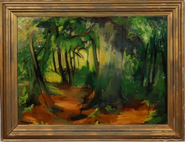 Vintage American School Modernist Abstract Forest Landscape Signed Mid Century Framed Oil Painting