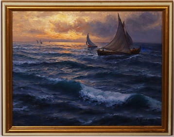 Antonio Odierna (1908 - 1946) Capri 1938 Signed Italian Impressionist Sunset Seascape Oil Painting