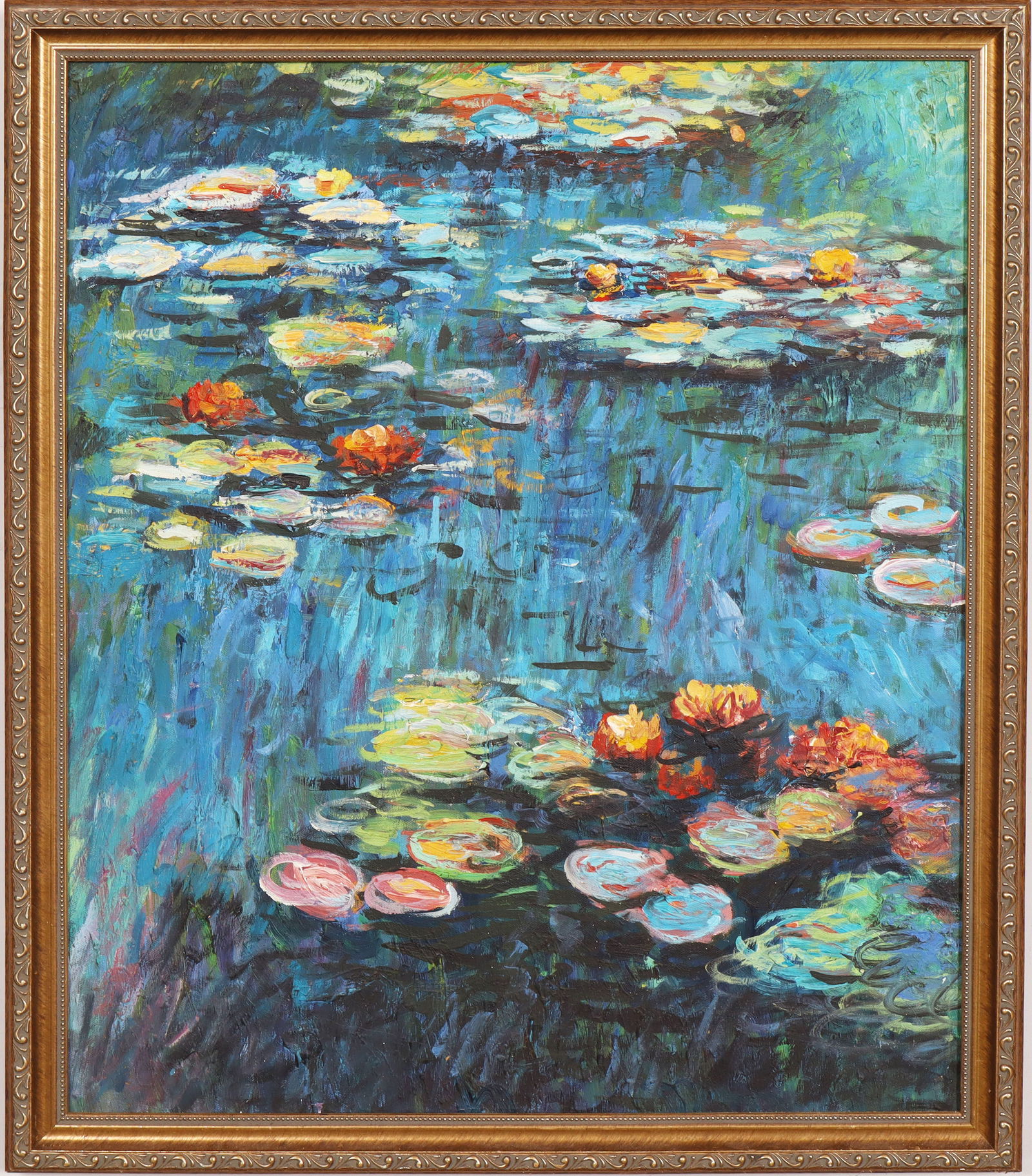 Vintage American School Waterlily Impressionist Framed Original Oil Painting: Vintage American impressionist oil painting. Measuring: 26.25 by 21.25 inches overall, and 24 by 20 painting alone. Please see all images for condition. Size is measured and written on the back of