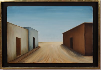 Vintage American or European School Surreal Modernist Landscape Framed Signed Original Oil Painting