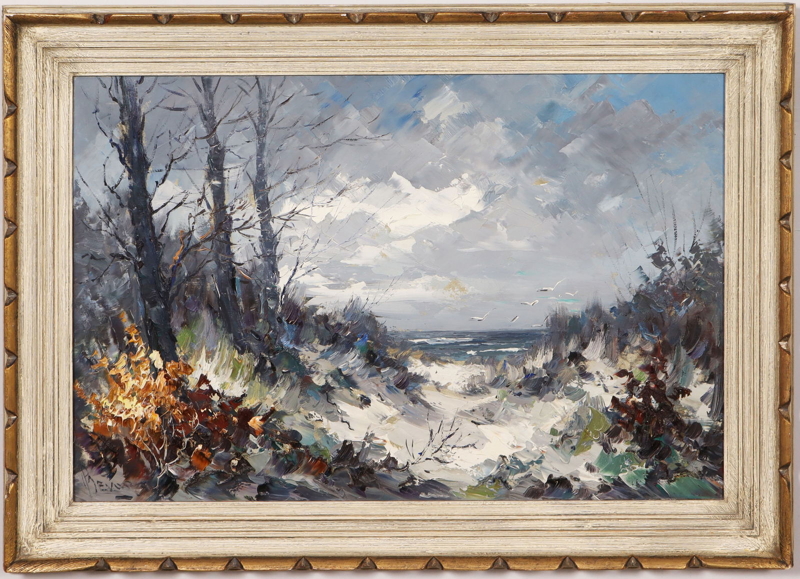 Large Vintage American Impressionist Beach Scene Framed Signed Oil Painting: Vintage American impressionist oil painting. Measuring: 31 by 43 inches overall, and 24 by 36 painting alone. Please see all images for condition. Size is measured and written on the back of the